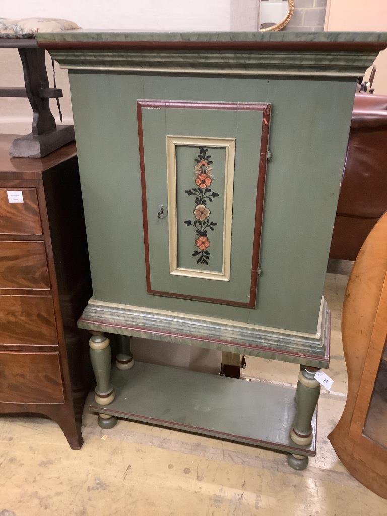 A Swedish painted pine side cabinet, width 84cm depth 29cm height 139cm